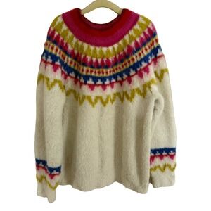 Hanna Andersson Kids Ivory Fair Isle Fuzzy Knit Cozy Pullover Sweater Size 8‎